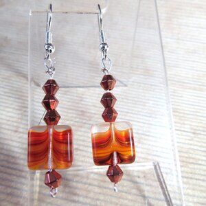Ombre Square Orange Brown Glass Bead & Copper Bicone Beads Silverplate Earrings